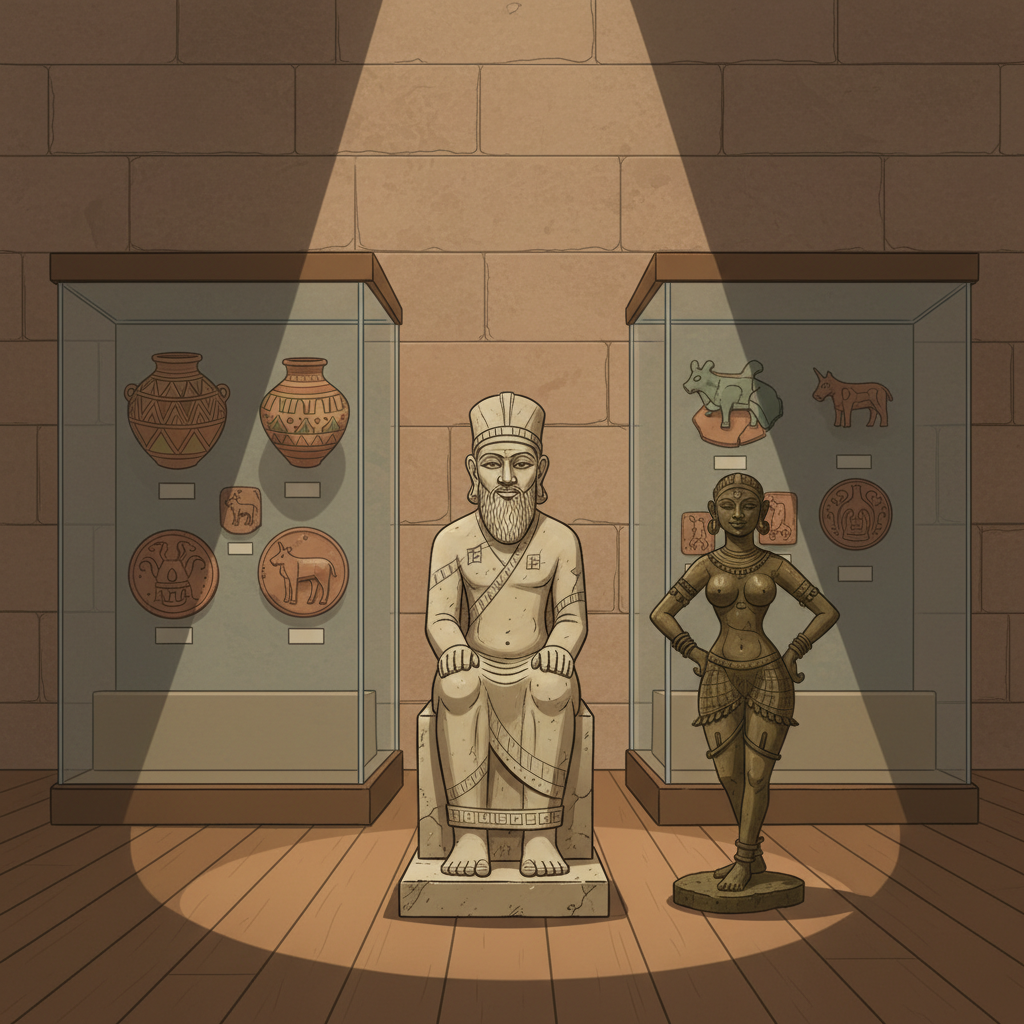 Illustration of Moenjodaro artifacts including the Priest-King statue and Dancing Girl, museum display style, elegant lighting, brown and earthy tones, no text
