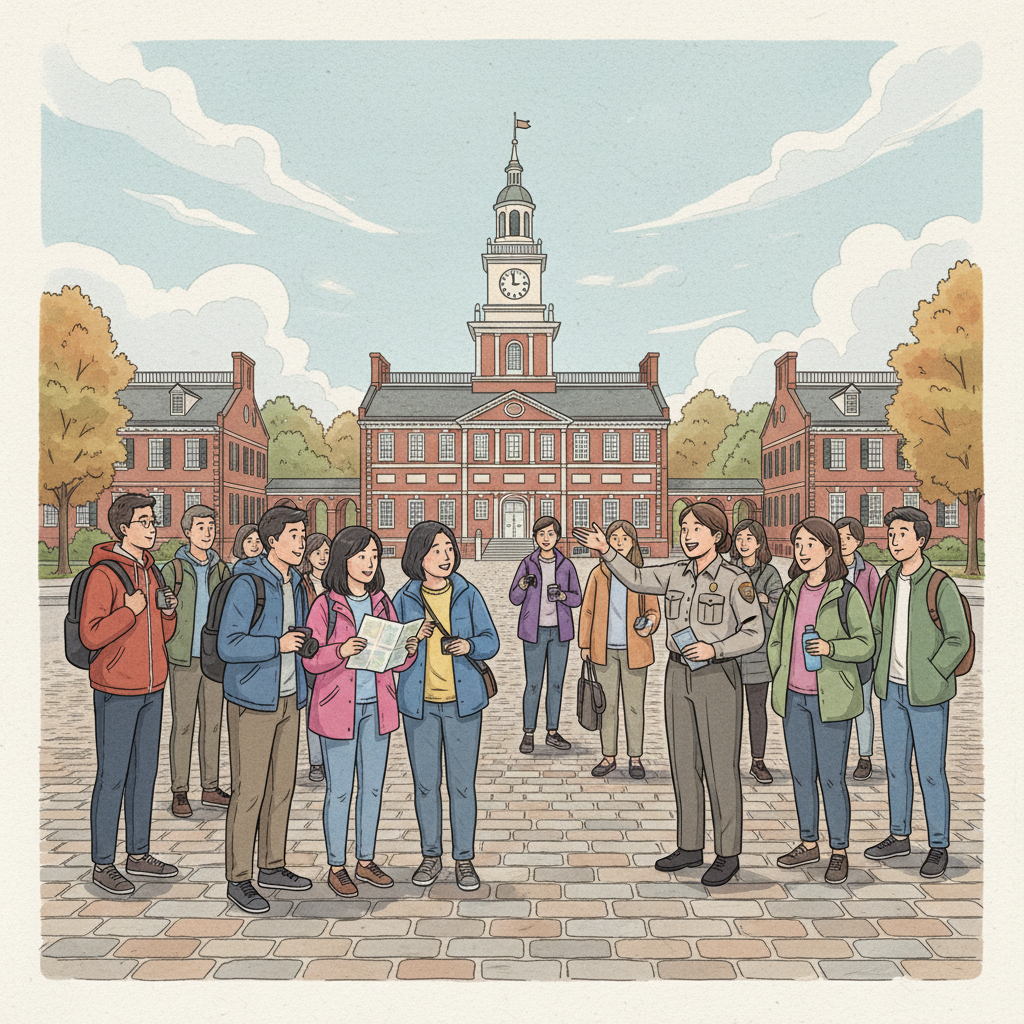 An illustration depicting a diverse group of tourists, including Korean individuals, taking a guided tour outside Independence Hall. They are listening attentively to a park ranger, with historical buildings in the background. The atmosphere is engaging and educational. Style: illustration, artistic rendering, textured background. No text.