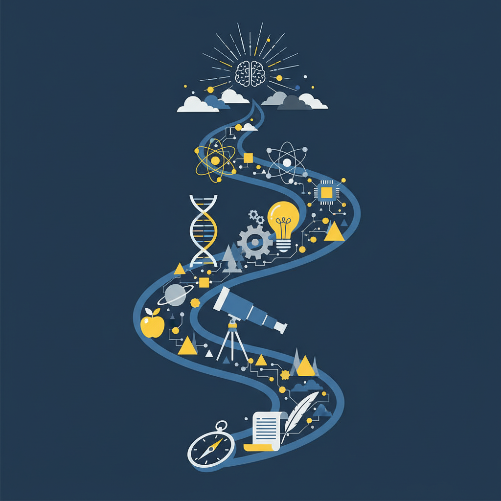 A symbolic illustration depicting the progression of science and human knowledge, with subtle references to historical scientific discoveries, clean infographic, modern layout, high contrast, no text
