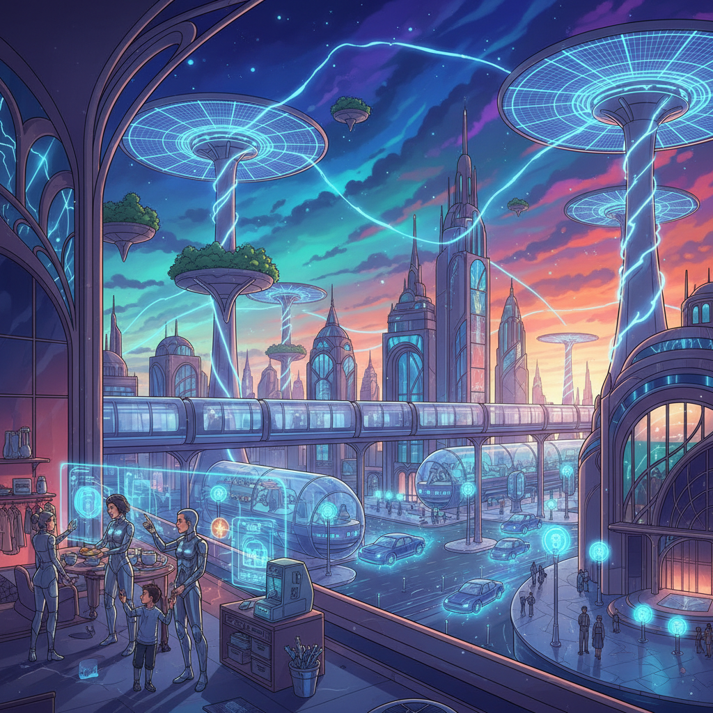A vibrant illustration showing various aspects of daily life transformed by Nikola Tesla's advanced technology: smart homes, efficient public transport, and clean energy solutions, all integrated seamlessly into a modern urban environment. The background is a dynamic gradient. No visible text.