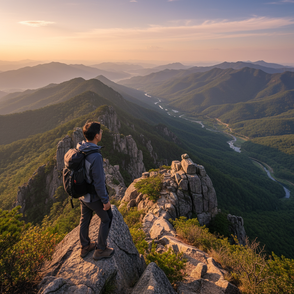 A Korean person standing on a mountain peak looking at a valley, symbolizing life's ups and downs, warm lighting, natural setting, balanced composition, no text, lifestyle photography, colored background, aspect ratio 4:3