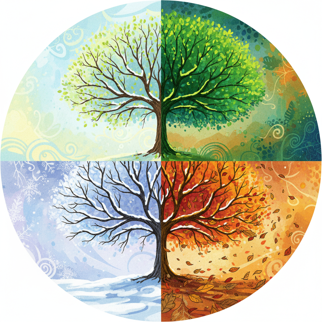 Artistic rendering of a tree going through seasons - lush green, falling leaves, bare branches, new buds. Textured background, vibrant colors, no text, illustration style.