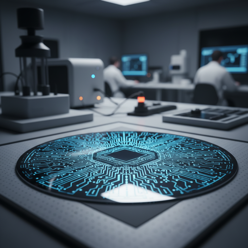 Close-up of a sophisticated silicon wafer with intricate circuit patterns, glowing blue accents, high-tech laboratory setting, clean layout, no text