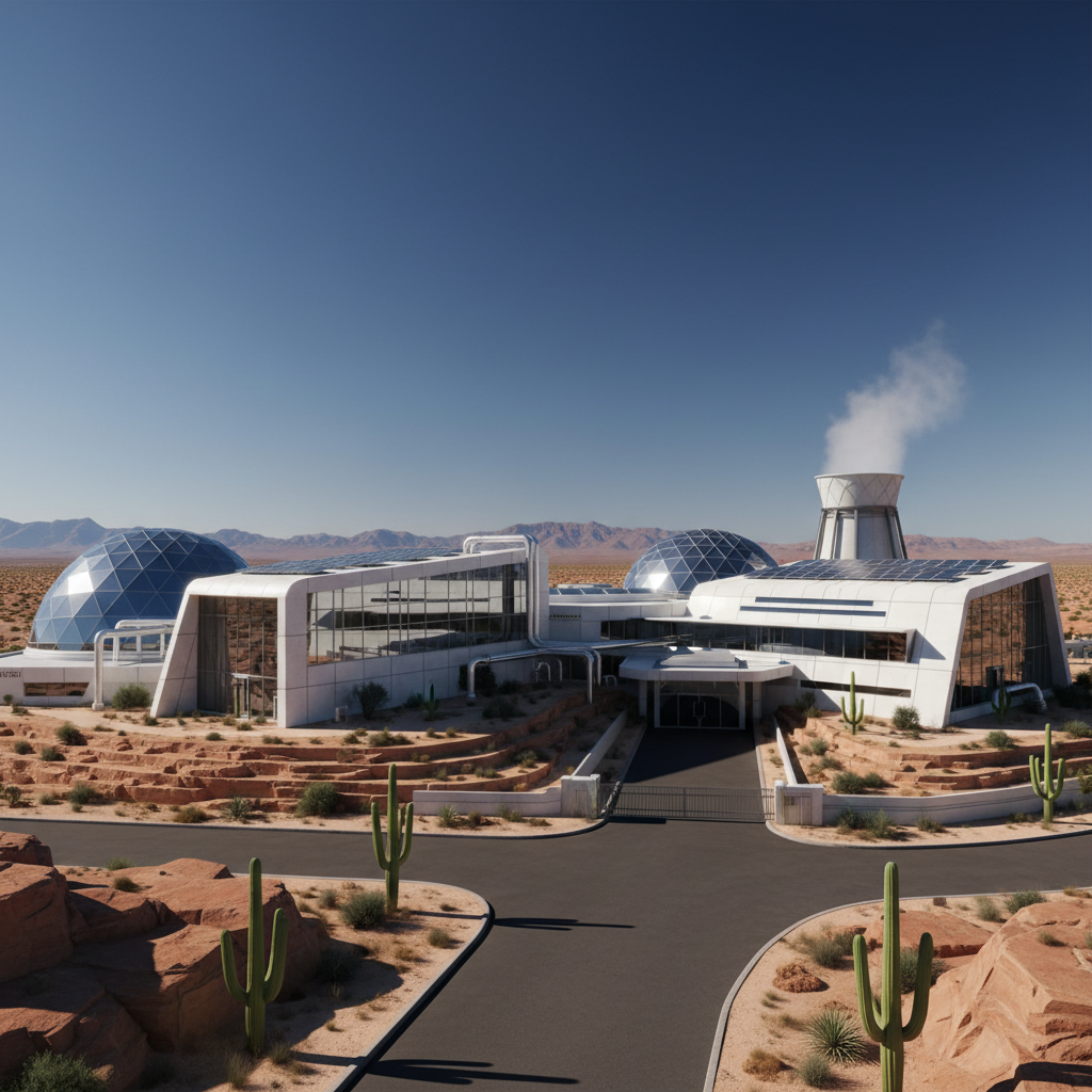 High-tech semiconductor fabrication plant in Arizona desert, modern industrial architecture, clear blue sky, bright sunlight, wide angle view, no text