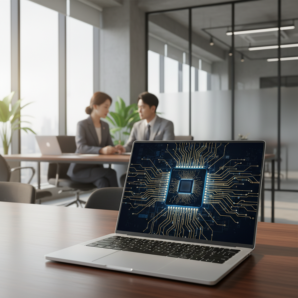A modern laptop showing a sleek processor chip on its screen, lifestyle setting in a high-end office, natural lighting, Korean professional environment, no text