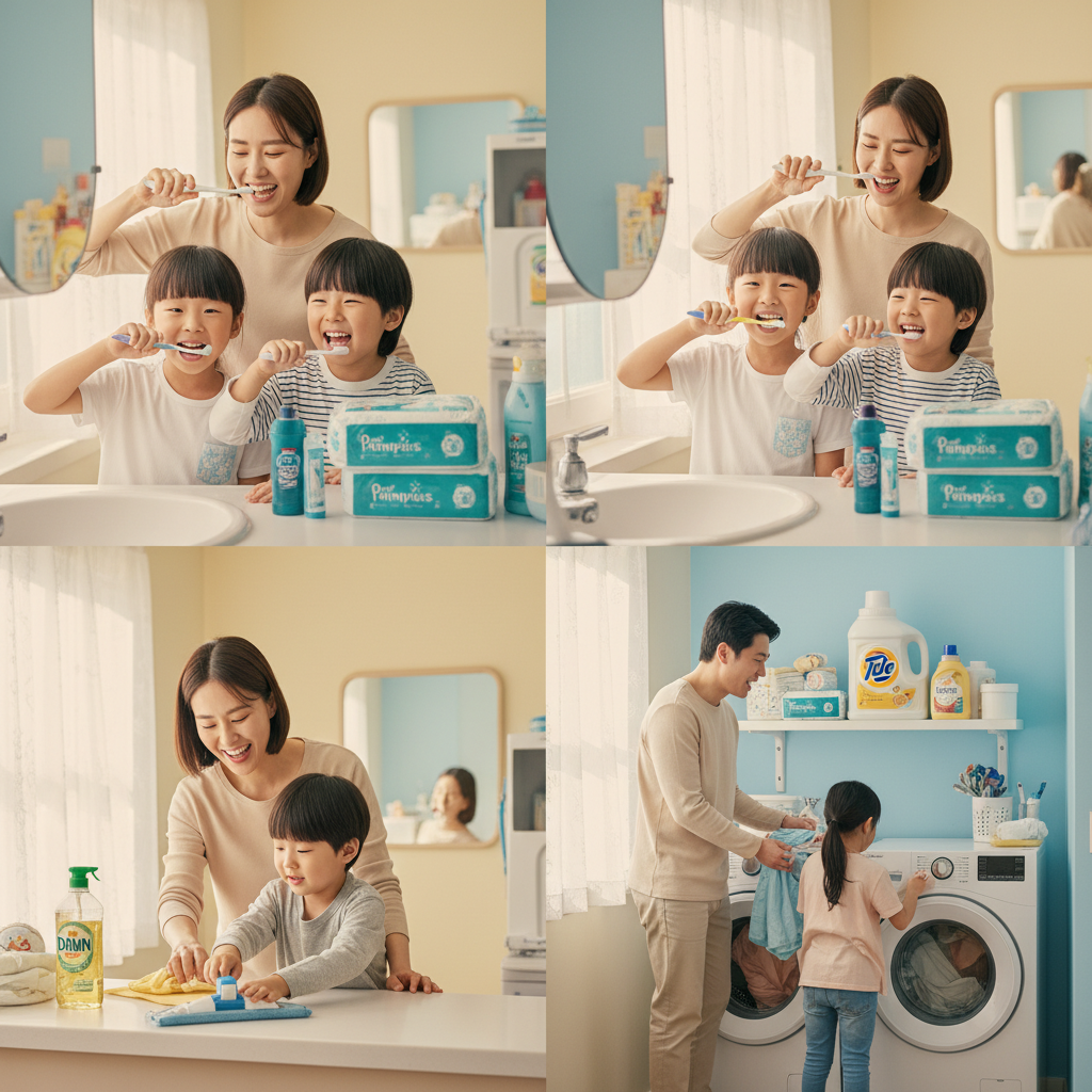 A happy Korean family using various Procter & Gamble products in their daily lives, such as brushing teeth with Crest or washing clothes with Tide, bright and natural home setting, lifestyle photography, warm lighting, colored background, no text, 4:3 aspect ratio