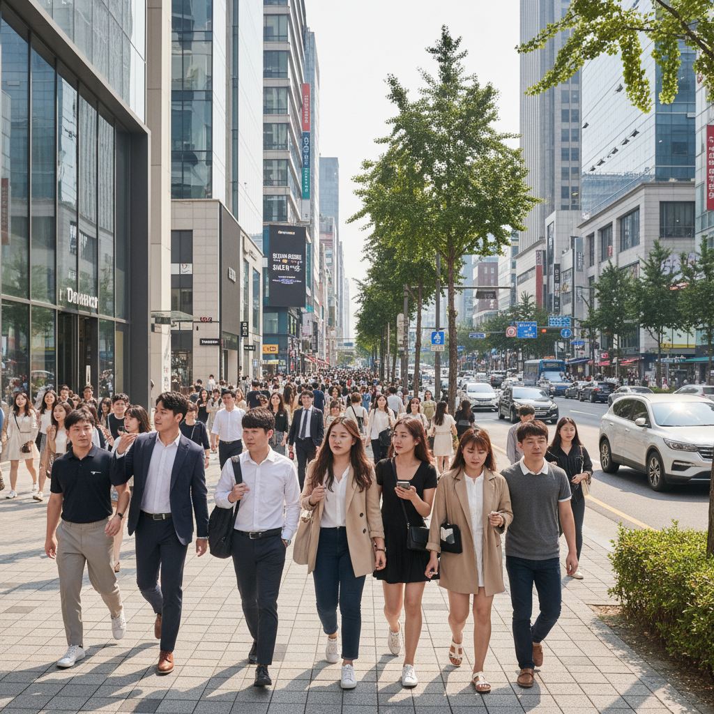 Korean citizens walking on a busy city sidewalk during daytime natural expression modern lifestyle photography bright balanced lighting