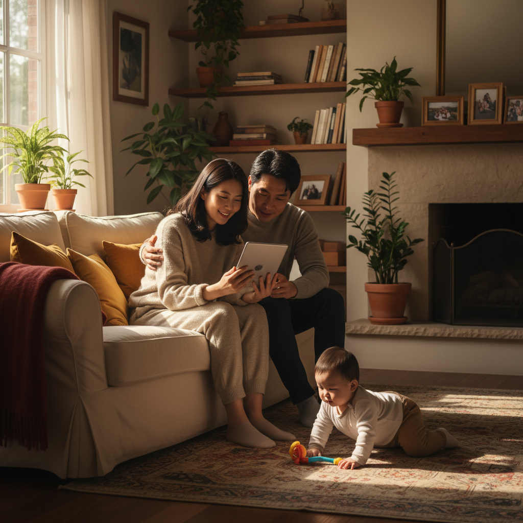 A warm lifestyle photography of Korean parents looking at a tablet with a baby nearby, cozy living room background, soft natural lighting, high contrast, rich colors, no text