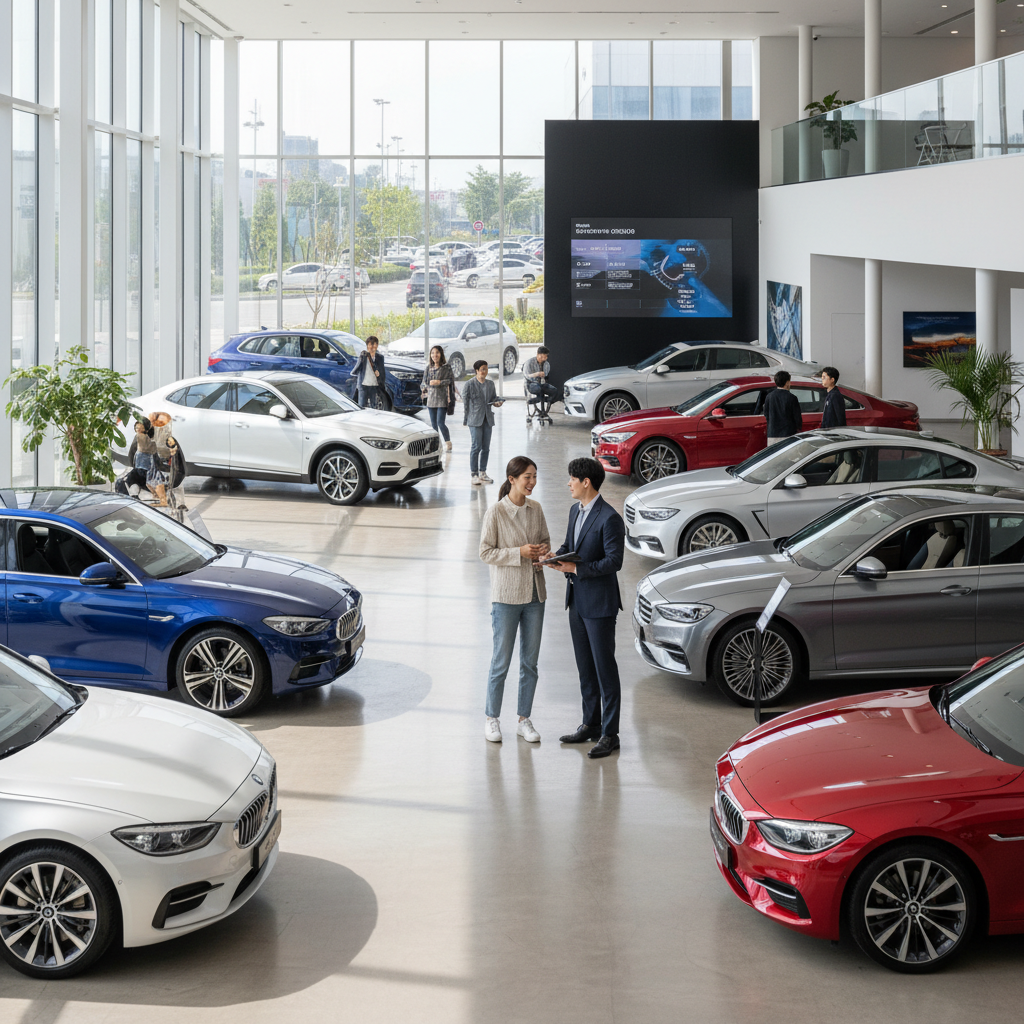 A bright and spacious car dealership showroom with diverse vehicle models, a Korean couple talking to a salesperson, lifestyle photography, professional setting, no text