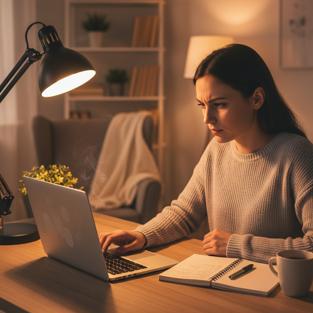 A person sitting at a desk with a laptop and notebook, warm indoor lighting, focused expression, lifestyle photography, cozy interior, no text