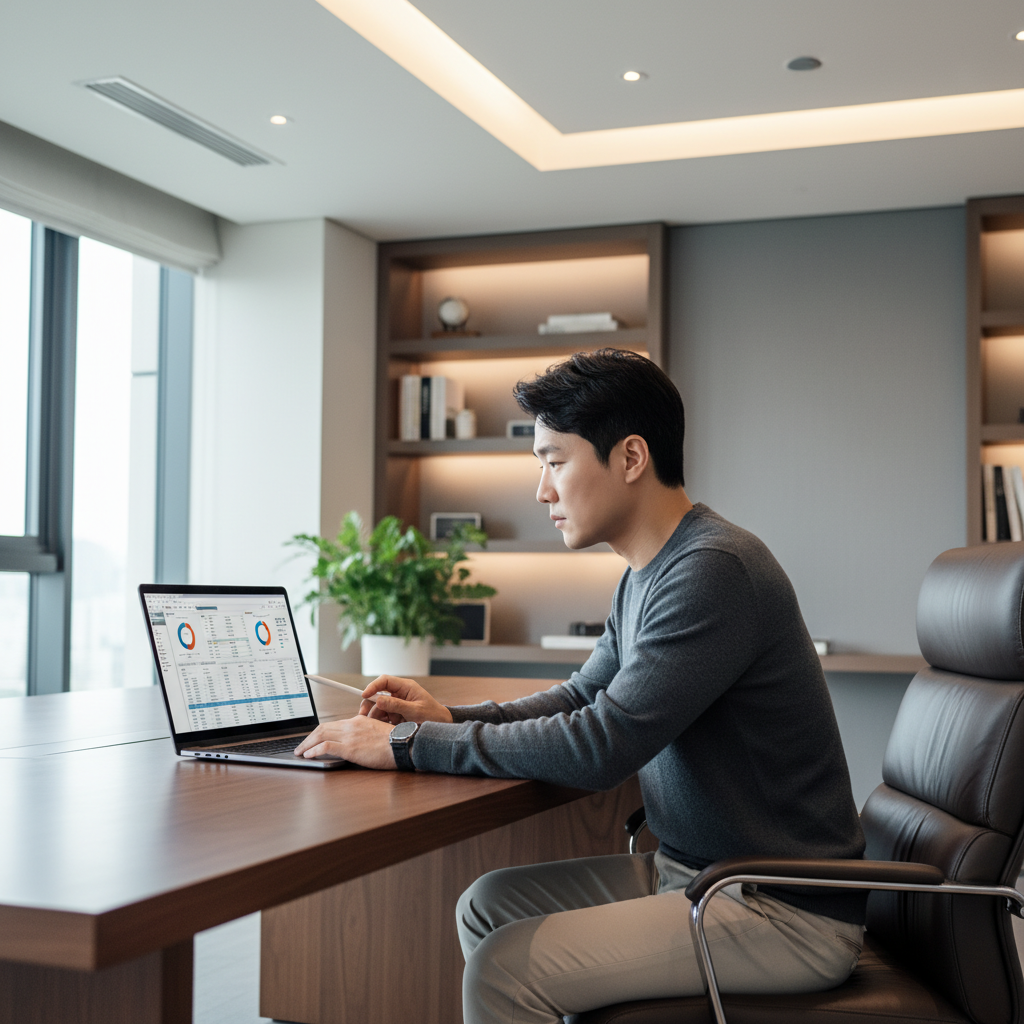 A Korean man in a modern home office focused on financial planning tools on a laptop, clean indoor lighting, sophisticated atmosphere, no text
