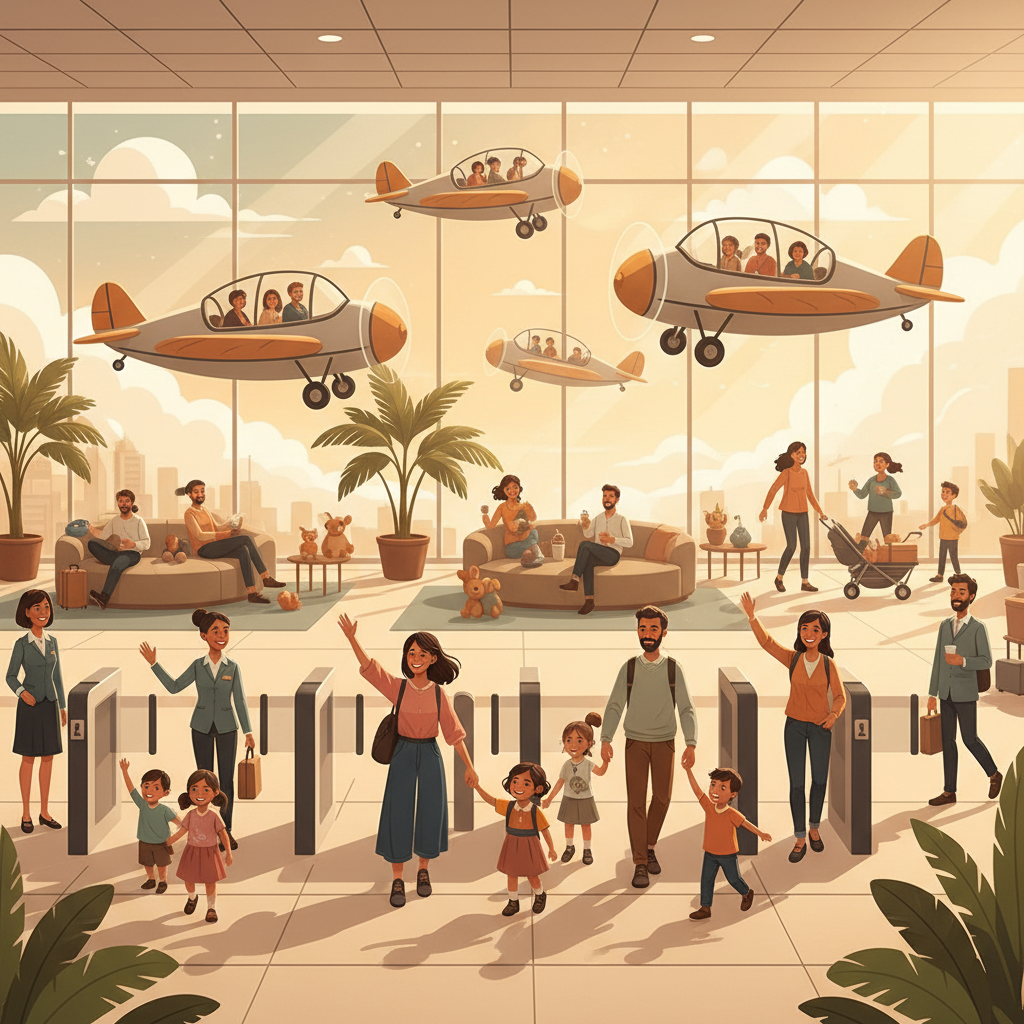 A vibrant illustration of people happily traveling through an airport and flying in airplanes, with relaxed security measures and a joyful atmosphere. Style: lifestyle photography, warm lighting, natural setting. No text.
