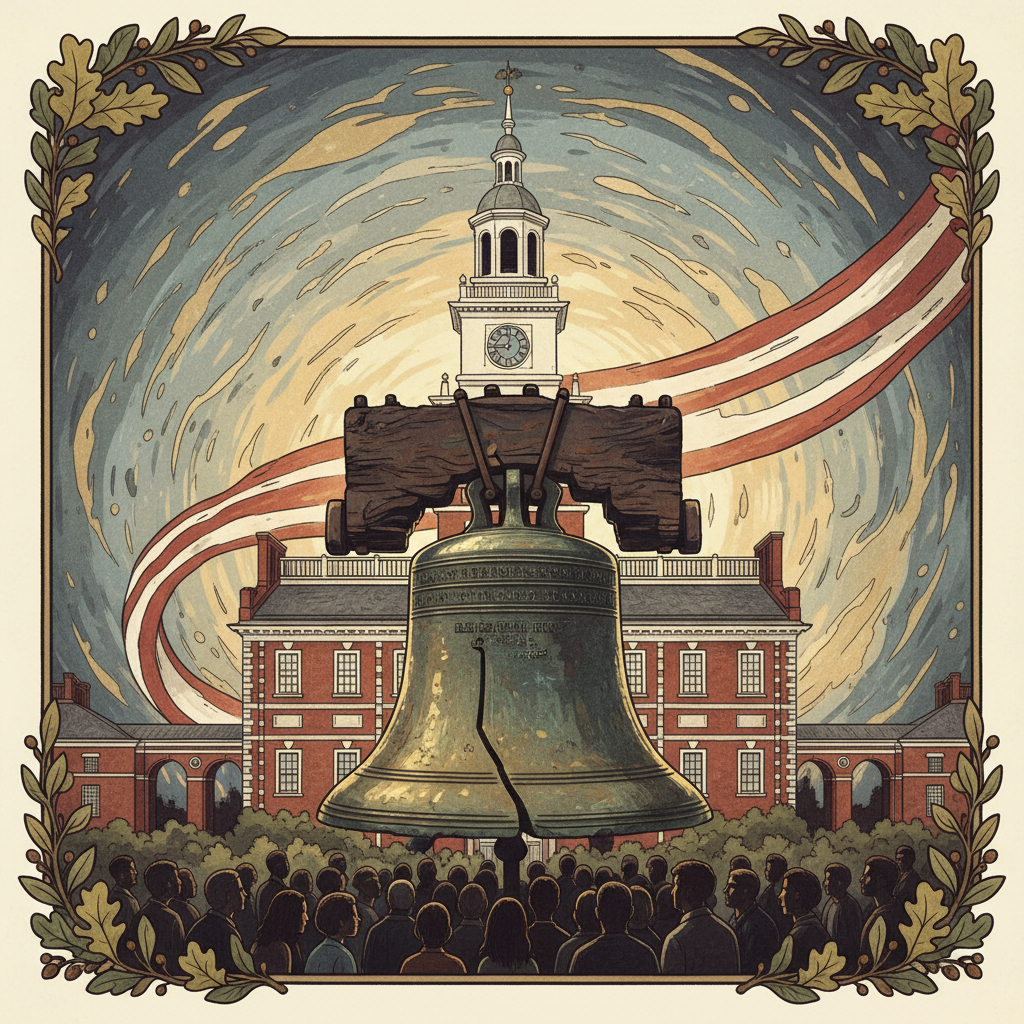 An illustration showing the Liberty Bell prominently displayed, with Independence Hall in the background. The scene conveys a sense of historical reverence and the enduring spirit of freedom. Style: illustration, artistic rendering, textured background. No text.