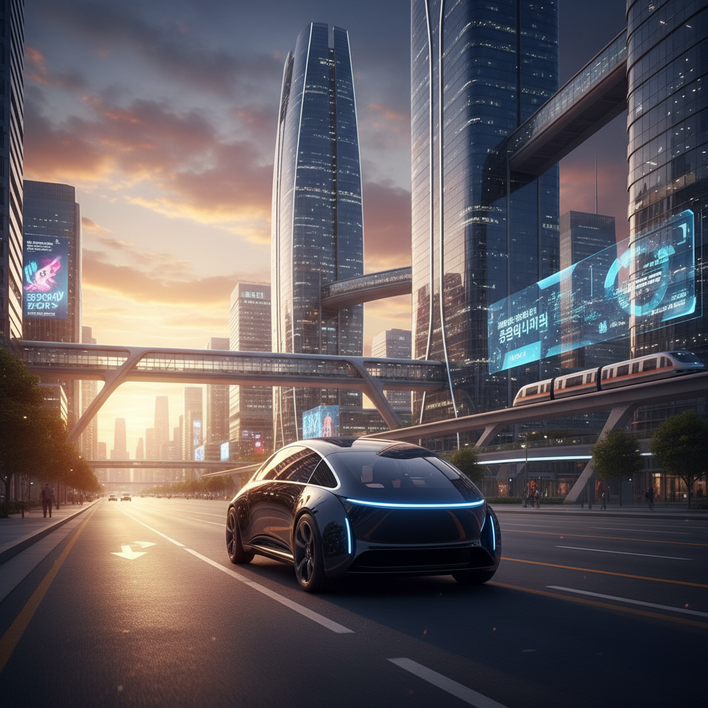 A sleek autonomous vehicle driving through a futuristic city street at sunset, warm golden hour lighting, cinematic atmosphere, Korean city background style, no text