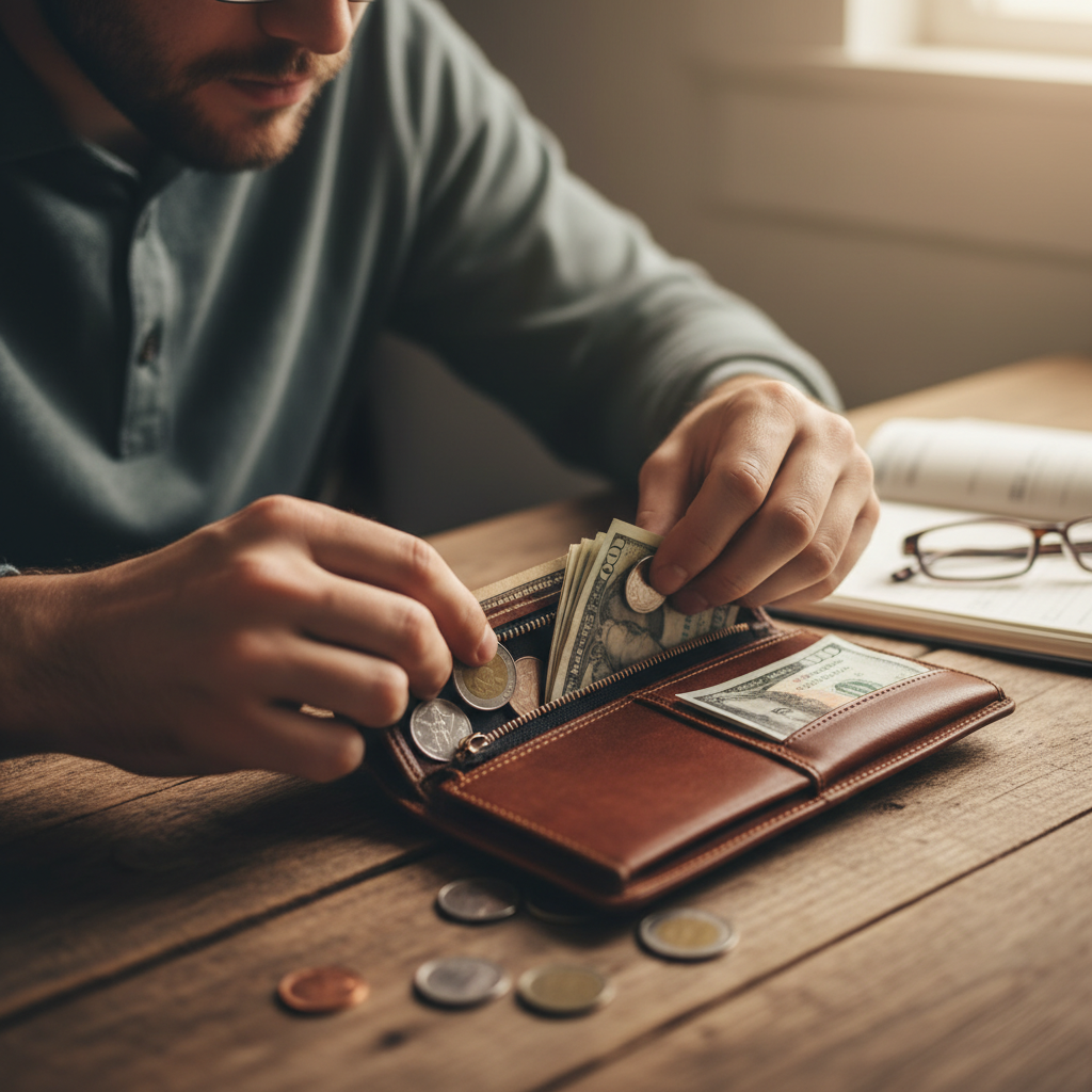 A person carefully organizing a few coins and bills in a wallet, symbolizing careful financial management, with a focused expression, warm indoor lighting, a wooden desk background, no text, lifestyle photography
