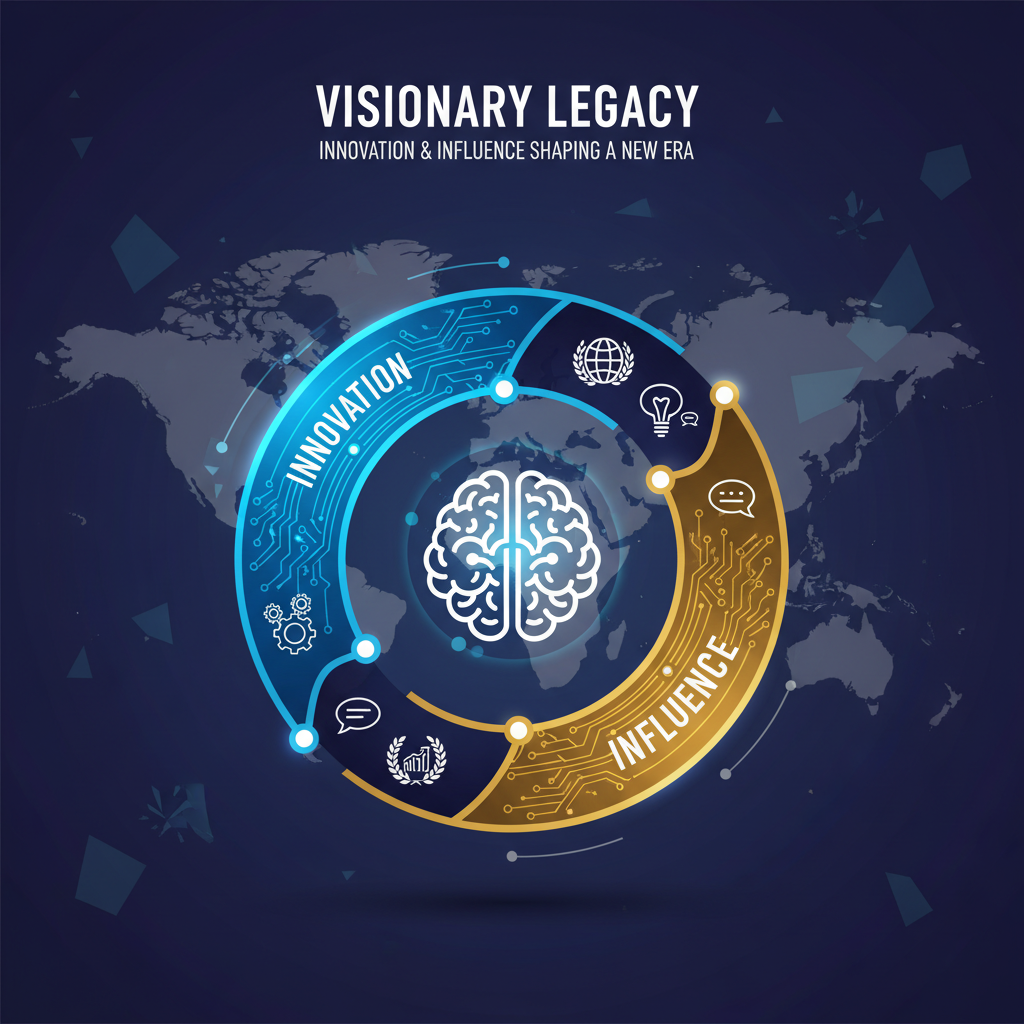 An abstract illustration representing the legacy of a visionary leader, with intertwining paths of innovation and influence, set against a backdrop of a subtly changing world map. Style: clean infographic, modern layout, high contrast.
