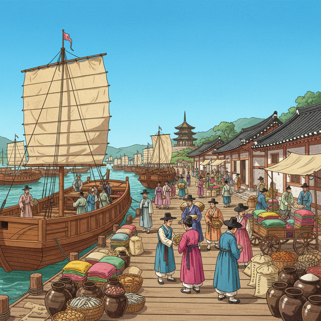 An artistic rendering of a bustling Joseon port, with numerous ships docked and merchants exchanging goods. The background features reconstructed traditional Korean buildings and a clear, vibrant sky. The style is an illustration with rich, textured details, and no visible text. The lighting is bright and cheerful.