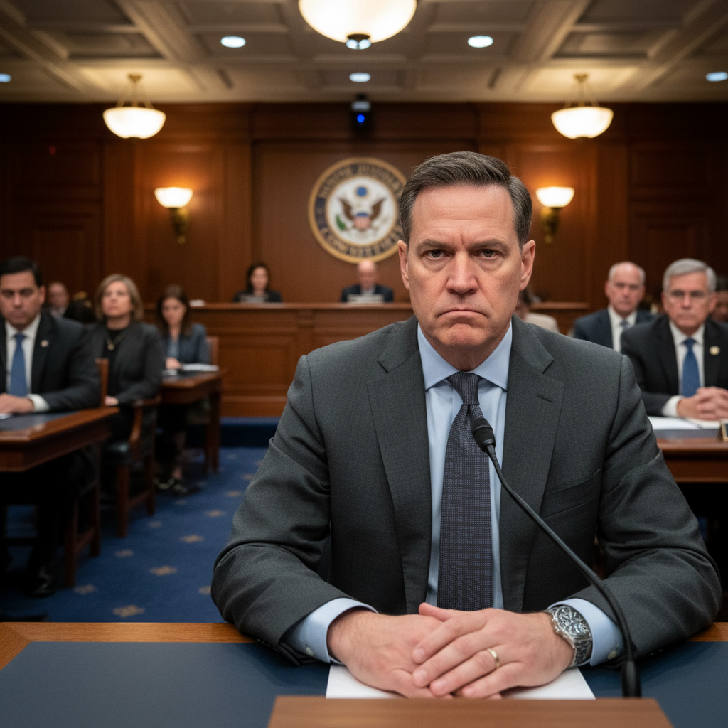 A professional man in a suit giving testimony at a hearing in the House Judiciary Committee, serious expression, formal legal setting, warm indoor lighting, no text