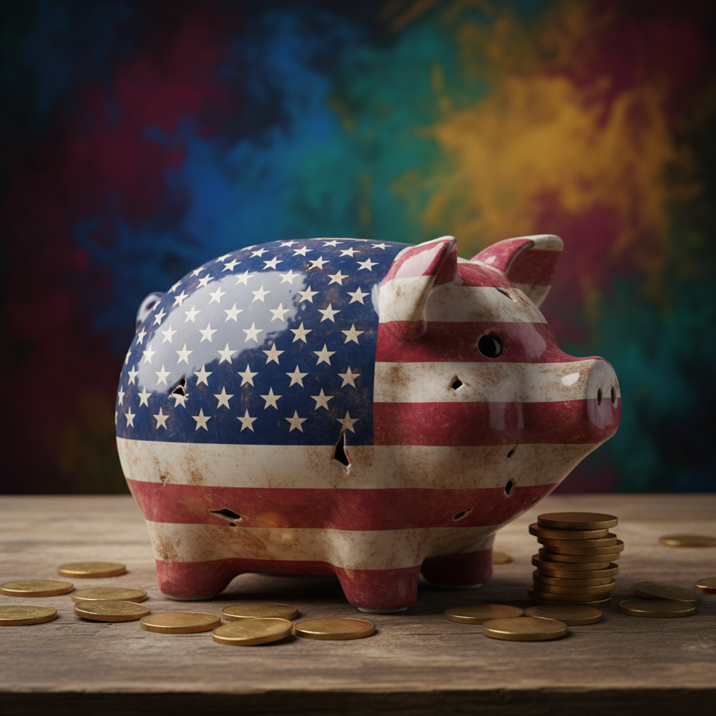 A piggy bank with a US flag design sitting on a table with some golden coins, rich background colors, detailed composition, no text