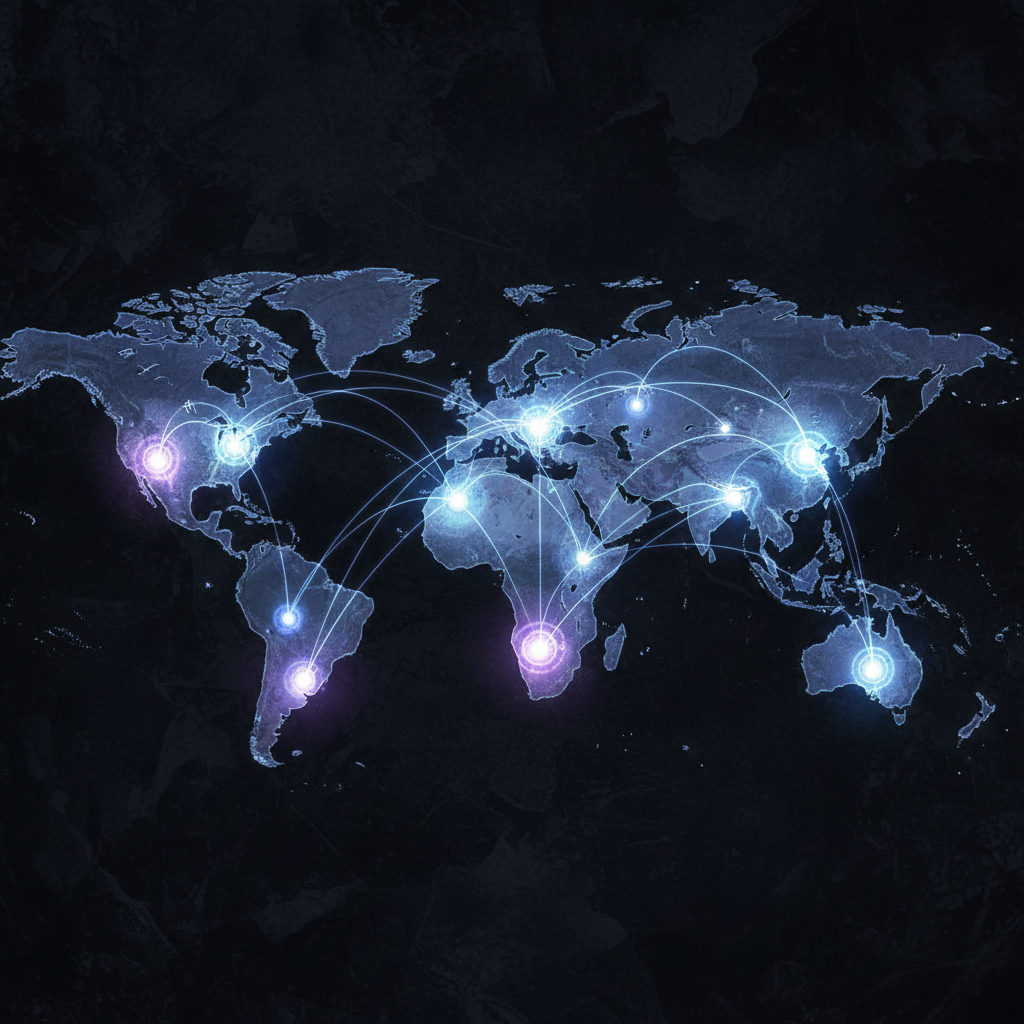 A stylized map of Asia and Europe with glowing nodes representing AI payment pilot programs, artistic rendering, textured dark background, no text