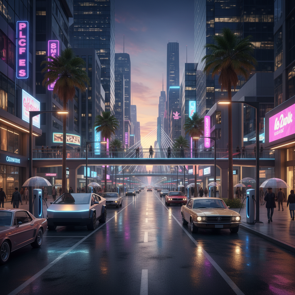 A modern city street with a mix of electric vehicle charging stations and traditional internal combustion engine cars parked, cinematic lighting, vibrant atmosphere, no text