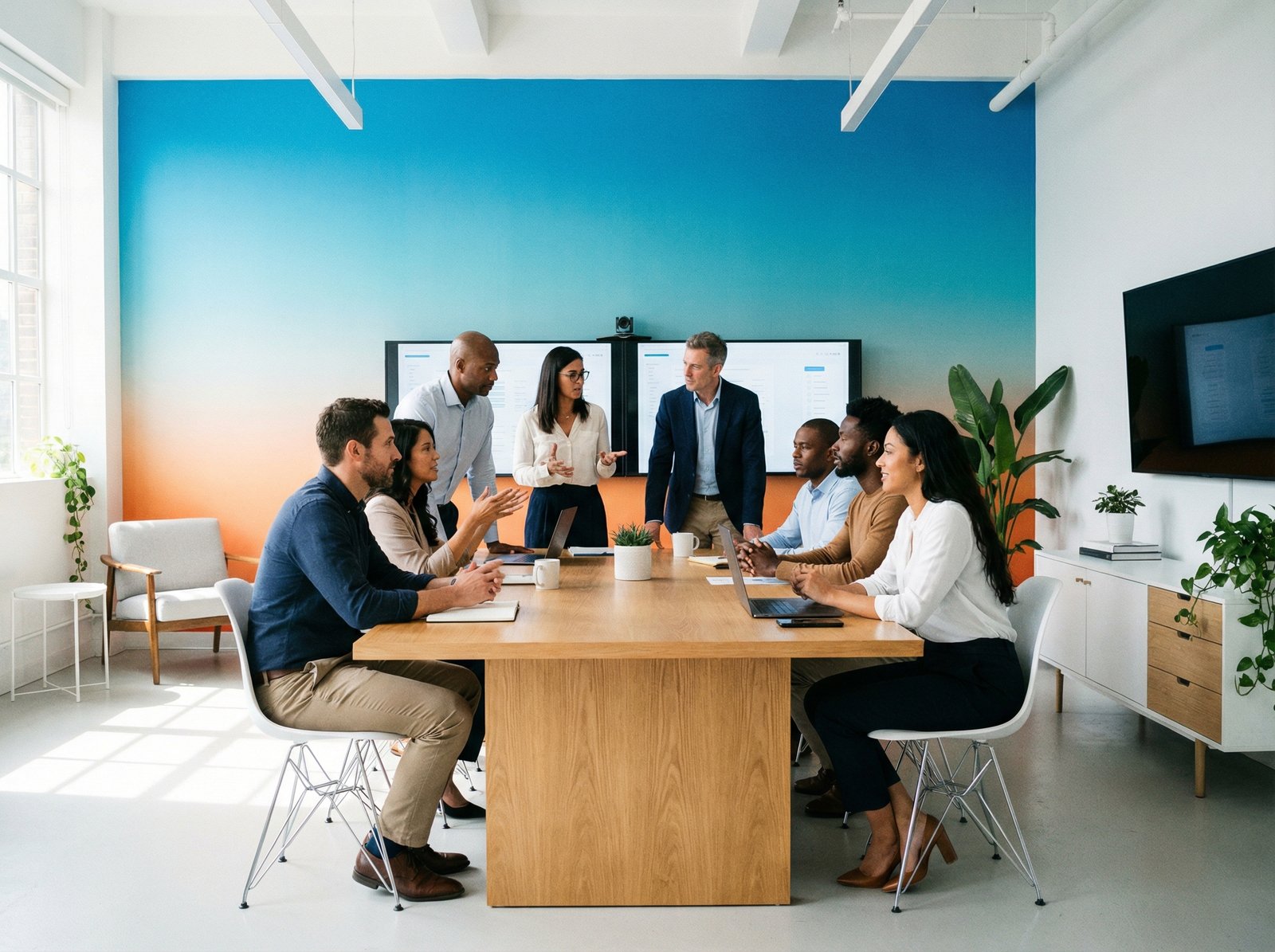 A professional and modern office meeting room, diverse business team discussing strategy, bright and clean environment, colored gradient background, high contrast, no text, 4:3