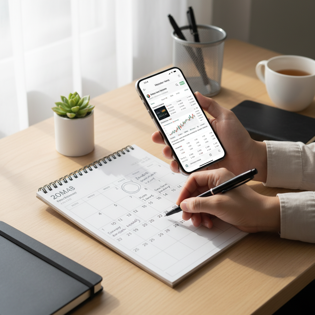 A close-up of a person marking a calendar and checking financial news on a smartphone, soft natural light, organized desk environment, no text