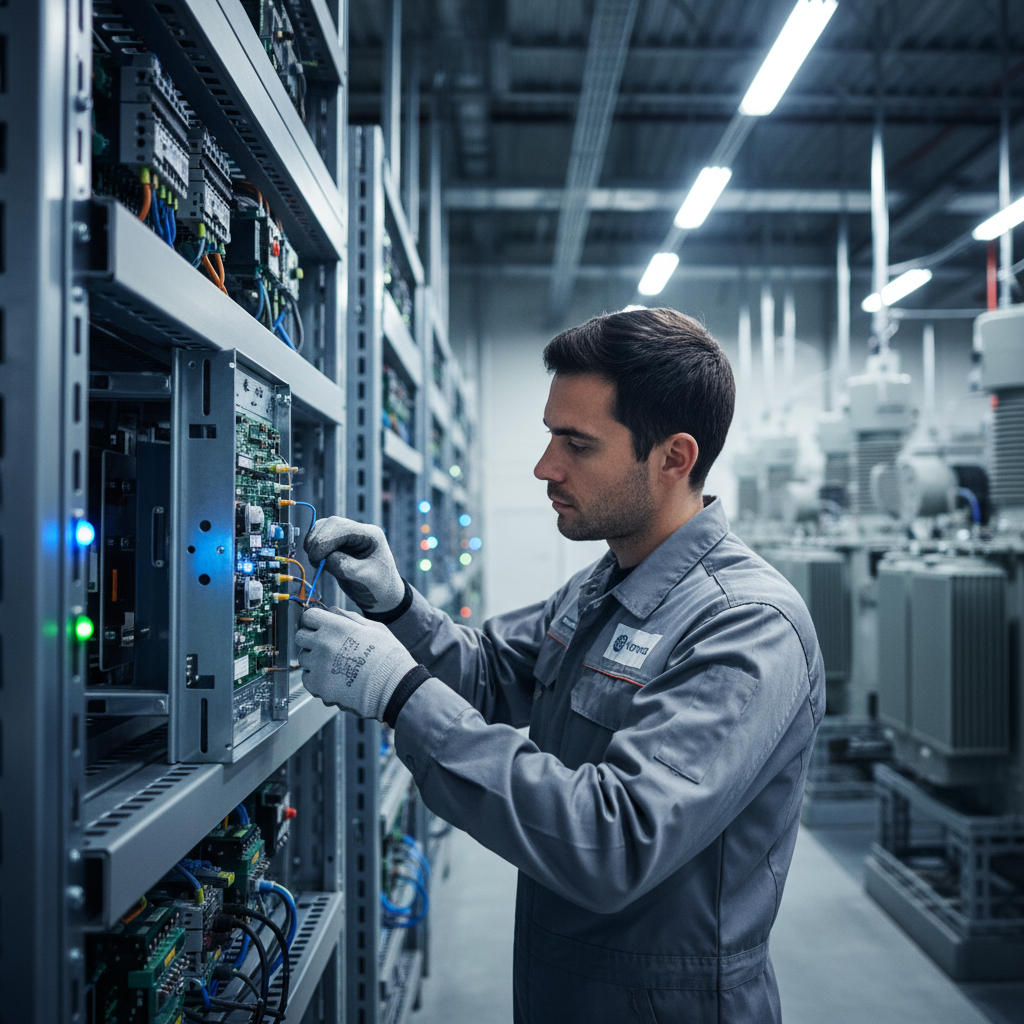Close up of a skilled technician working on advanced electrical grid equipment, bright industrial lighting, GE Vernova style power generation, clean layout, rich background, no text