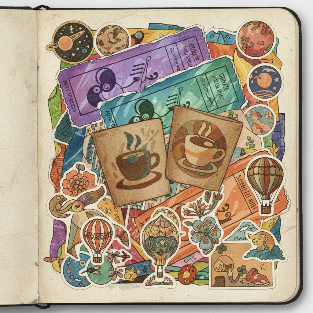 Close up of a colorful collage in a notebook with concert tickets coffee sleeves and vintage stickers, artistic rendering, textured background, no text