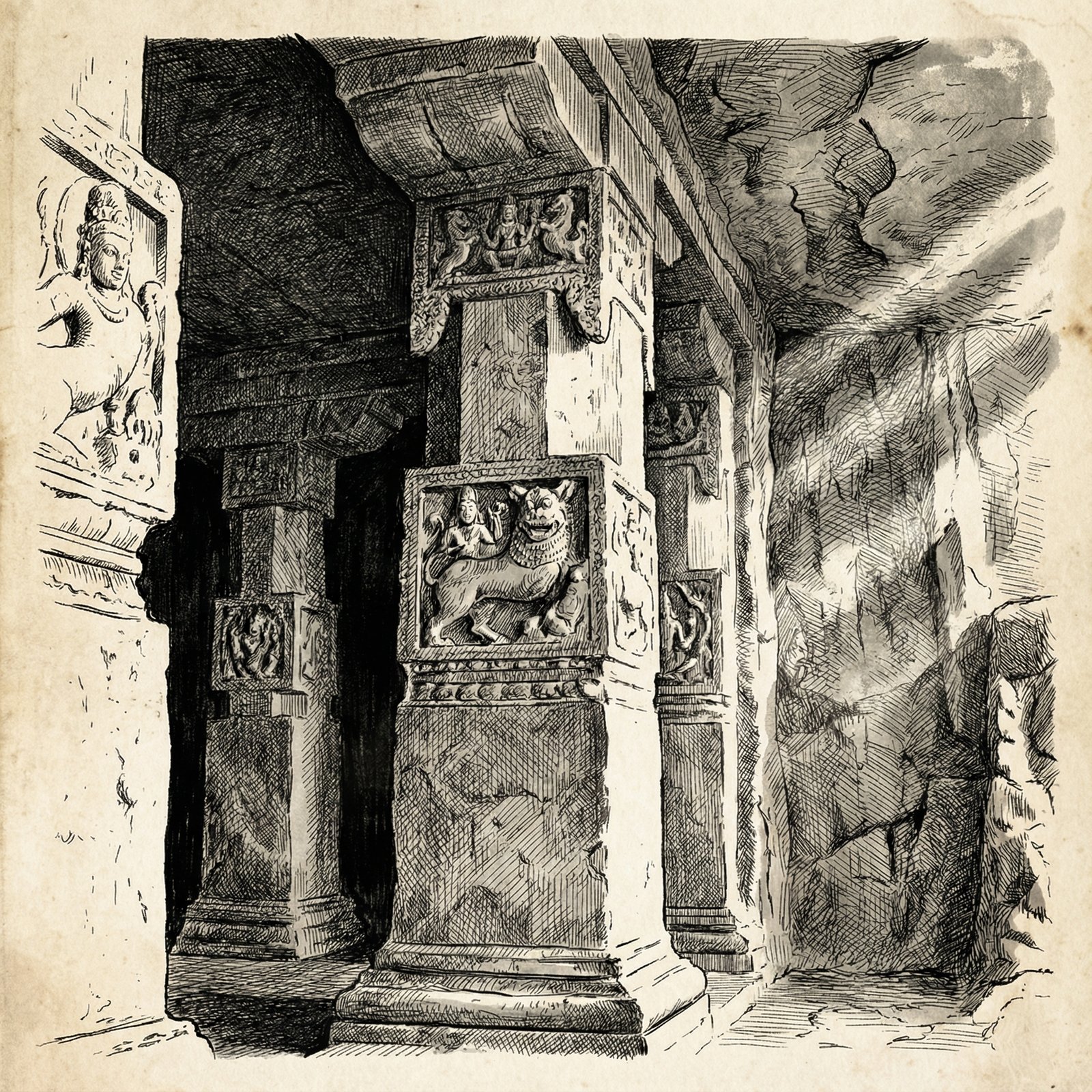 Detailed view of ancient carved stone pillars inside an underground temple, high contrast lighting on textured rock, archaeological illustration style, no text, 1:1 aspect ratio