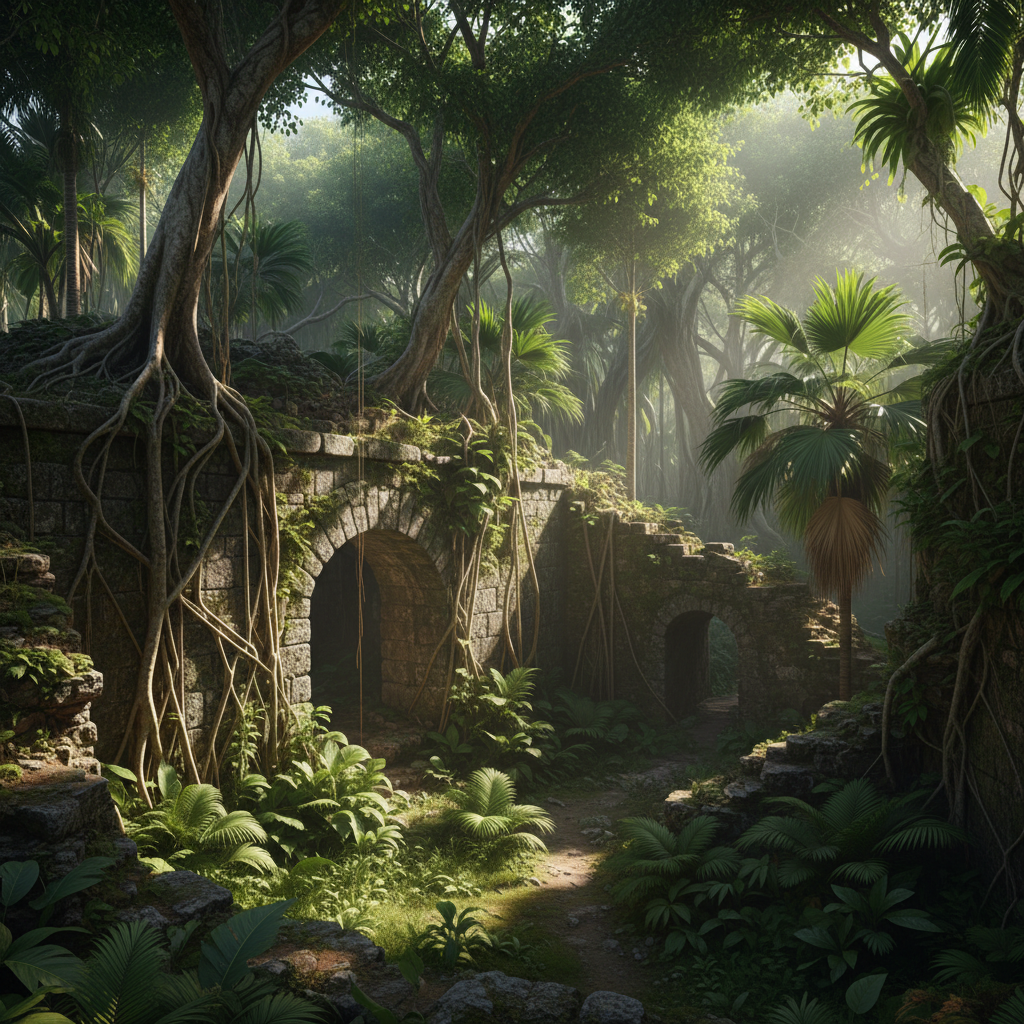Ancient stone fortress ruins partially covered by jungle vines and tropical trees in Panama, dramatic lighting through leaves, rich textured background, high contrast, no text