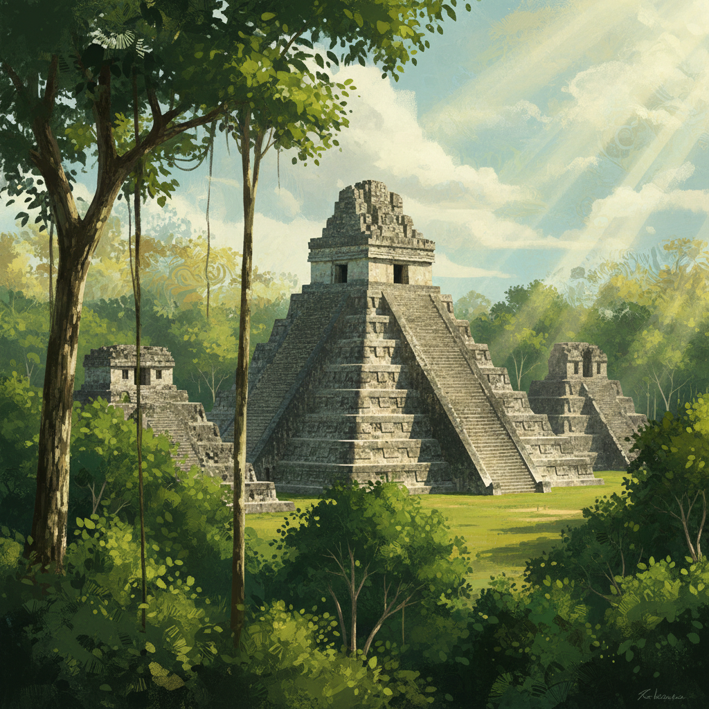Artistic rendering of Tikal National Park's grand pyramids emerging from a dense jungle, ancient Mayan architecture, textured background, bright lighting, no text