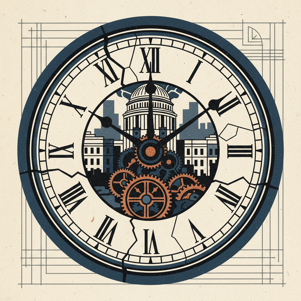 A stylized illustration of a large clock with its hands stopped, symbolizing a halt in government operations, with a subtle textured background, clean infographic style, high contrast, no text