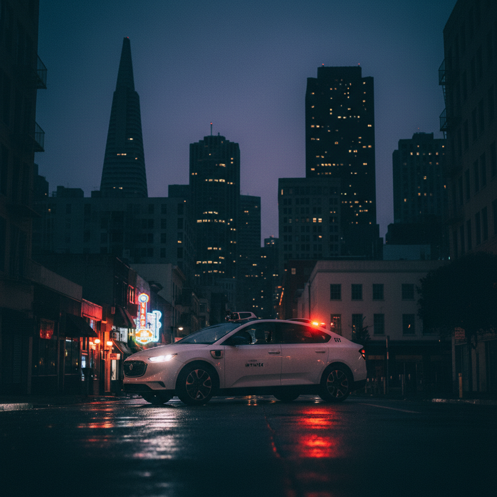 A driverless white robotaxi stalled in a dark San Francisco street at night, emergency lights flashing, city buildings in background with no lights, realistic lifestyle photography, cinematic lighting, colored background, no text