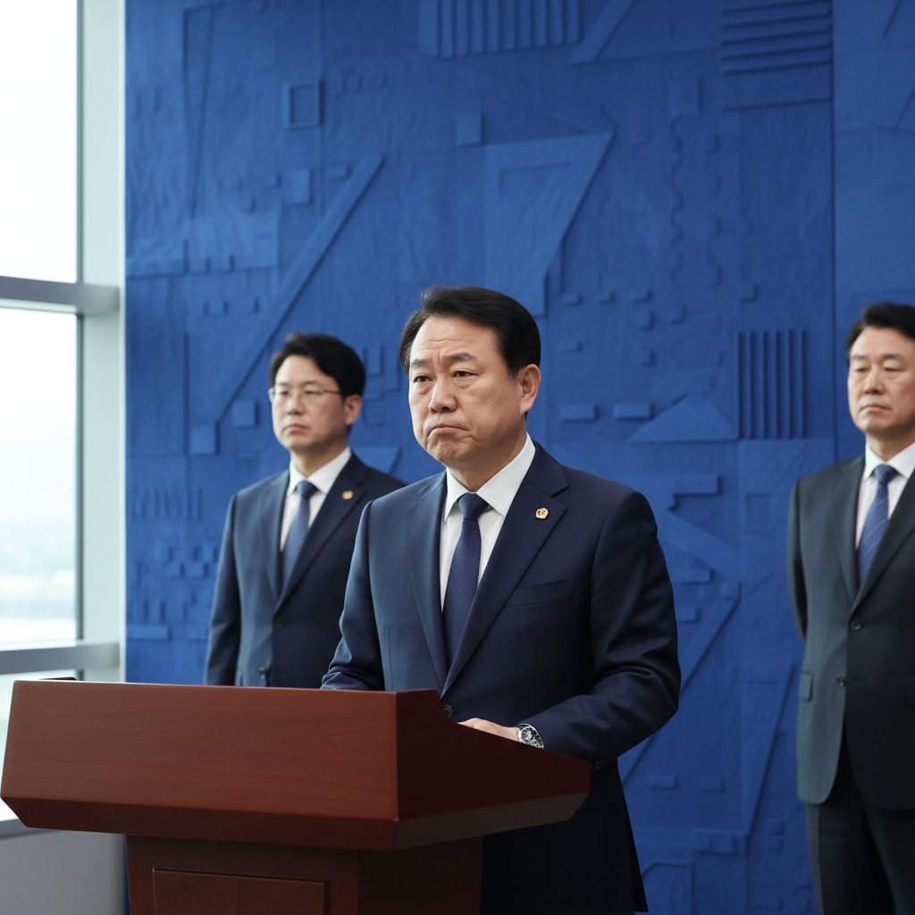 A Korean government official at a press conference, facing subtle political pressure, in a formal setting with a textured background, natural lighting, no text