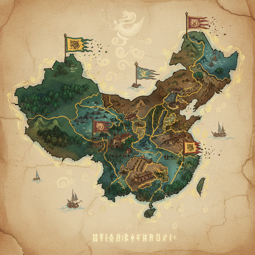illustration, artistic rendering, textured background, a highly detailed map of ancient China, with the territories of Shu Han, Wei, and Wu depicted. The map should be shifting or showing dynamic changes, symbolizing an alternate history. Include subtle elements like ancient military banners or strategic points. Bright, balanced lighting, centered focus, no text, no empty margins, full frame.
