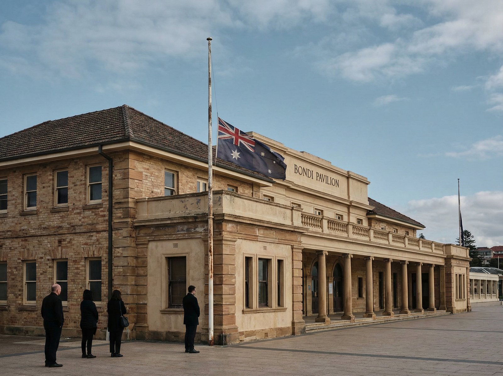 An Australian flag flying at half-mast in front of the historic Bondi Pavilion building, somber atmosphere, blue sky with some clouds, realistic architectural photography, rich textures, 4:3