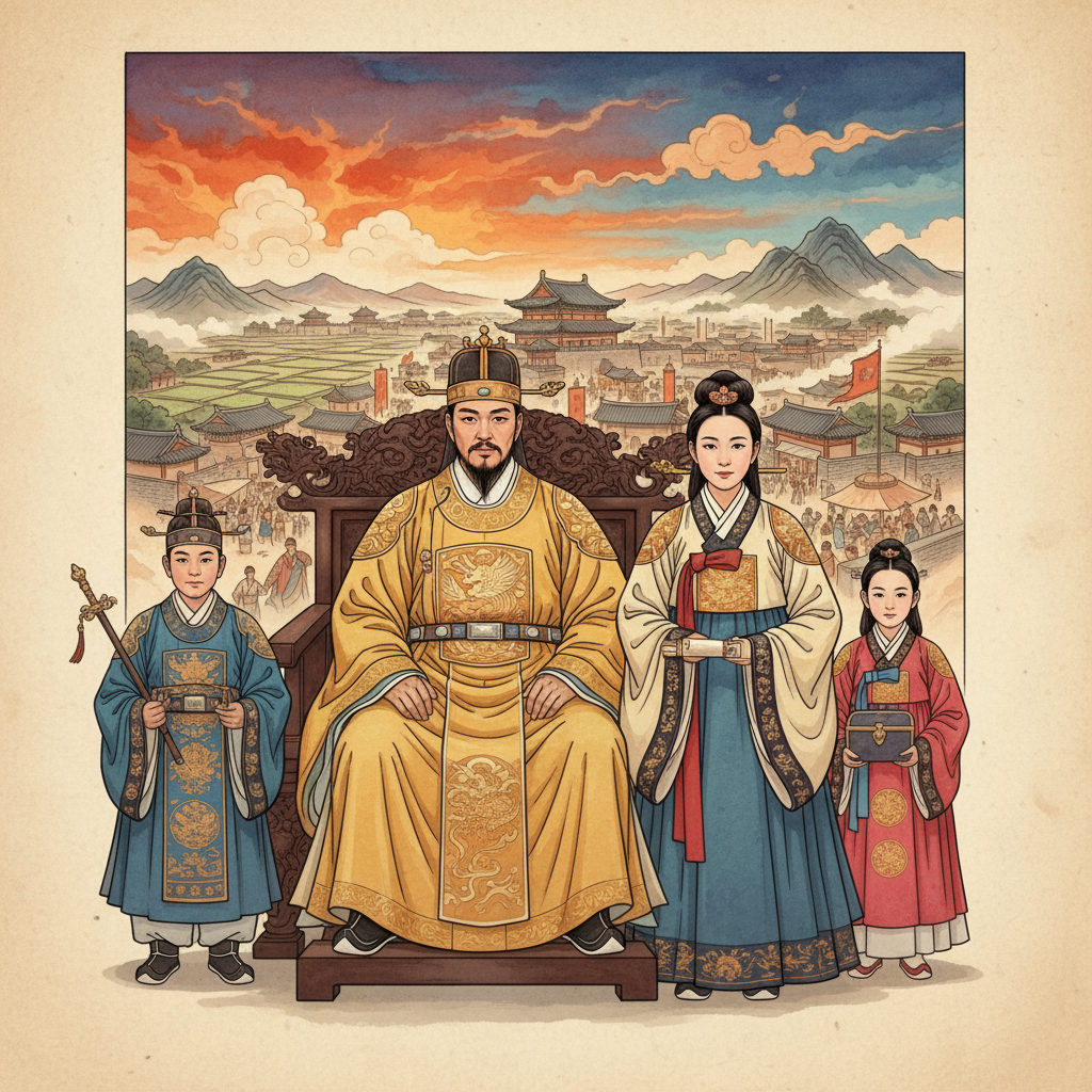 A regal illustration depicting Cao Shuang and his family confidently ruling the Wei Dynasty, with a backdrop of a prosperous city, historical artwork, vibrant colors, textured background, no visible text, Korean appearance