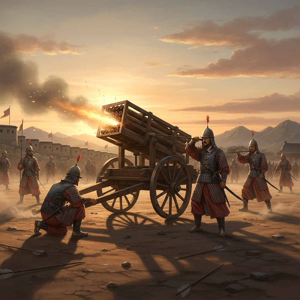 Historical rendering of Joseon dynasty soldiers operating a Hwacha mobile rocket launcher during a drill, dynamic composition, dramatic lighting, detailed traditional armor, no text