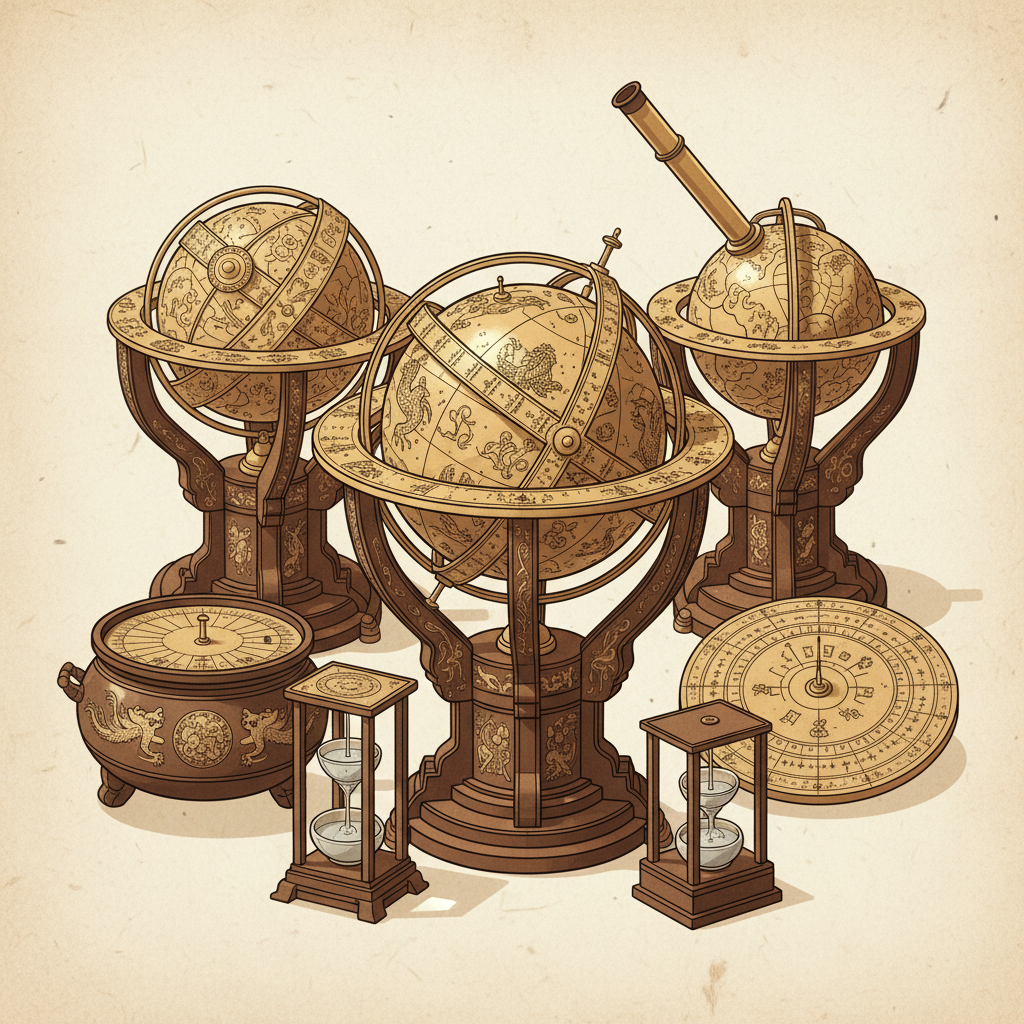 Clean artistic illustration of ancient Korean astronomical instruments like Honcheonyi, intricate details, textured paper background, soft golden lighting, no text