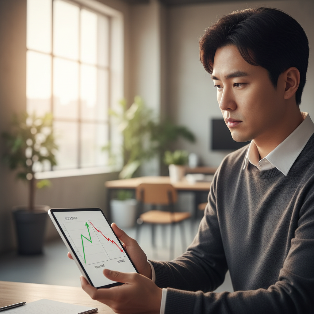 A Korean person looking at a tablet showing two opposing trends an upward stock price graph and a downward EV sales chart with a thoughtful expression, warm lighting, modern office background, no text