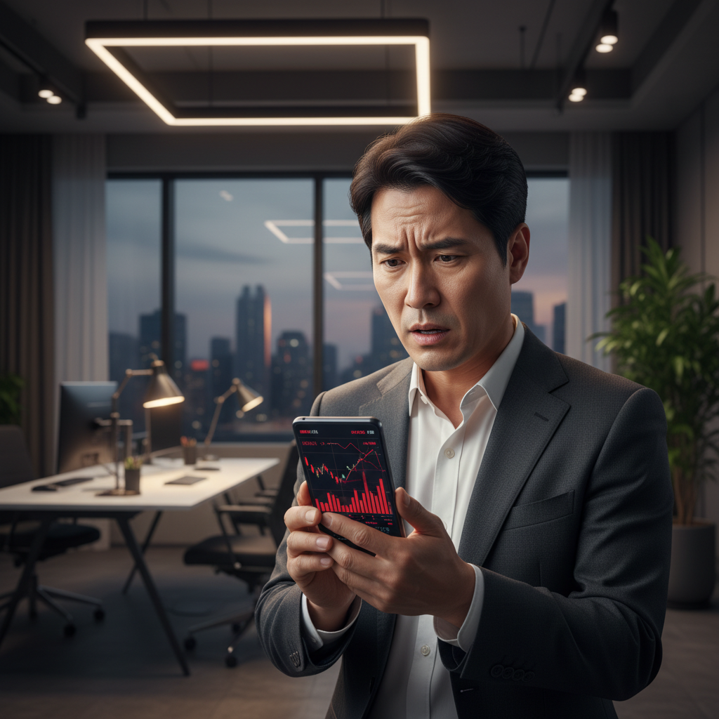 A Korean investor looking at a smartphone screen displaying red stock market charts with a worried expression, modern office background, warm indoor lighting, high contrast, lifestyle photography