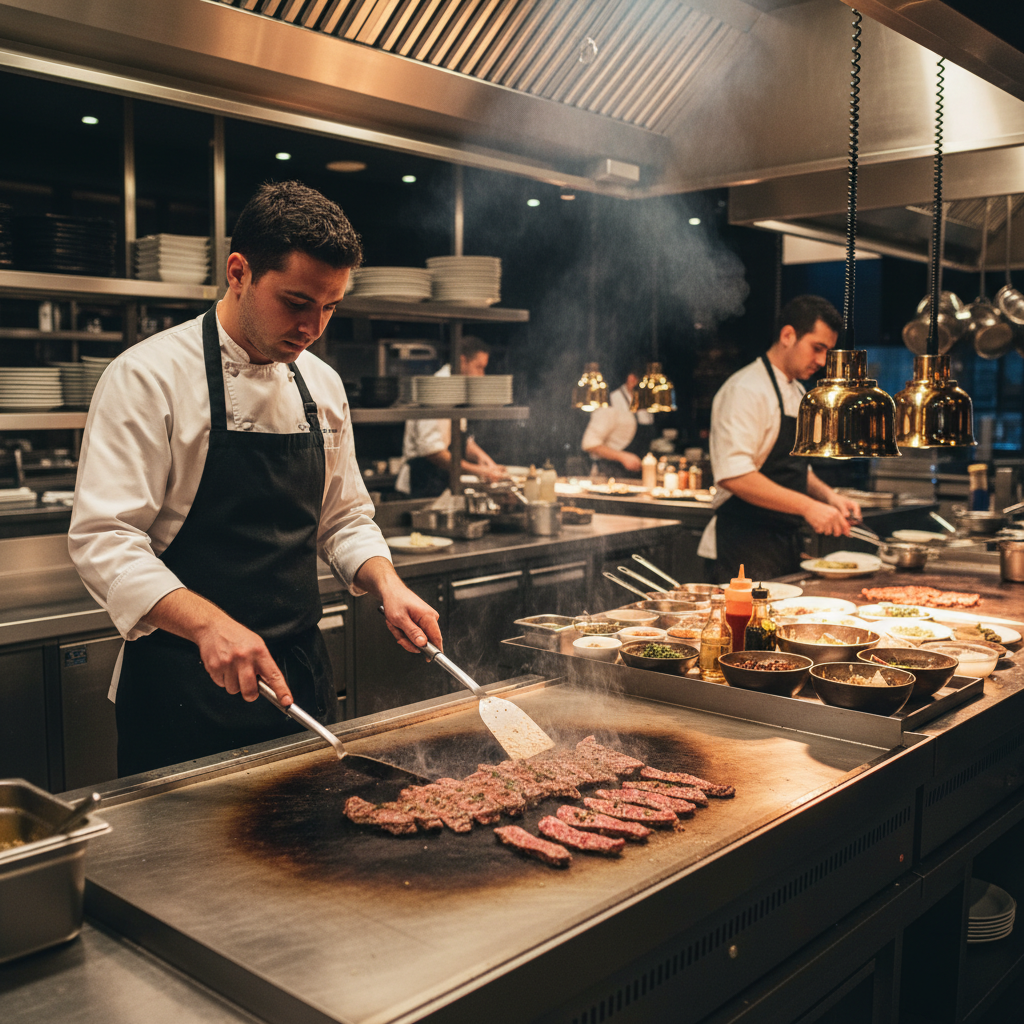 A professional kitchen scene with a chef grilling seasoned steak slices on a flat top grill, steam rising, warm lighting, professional atmosphere, visually rich, no text
