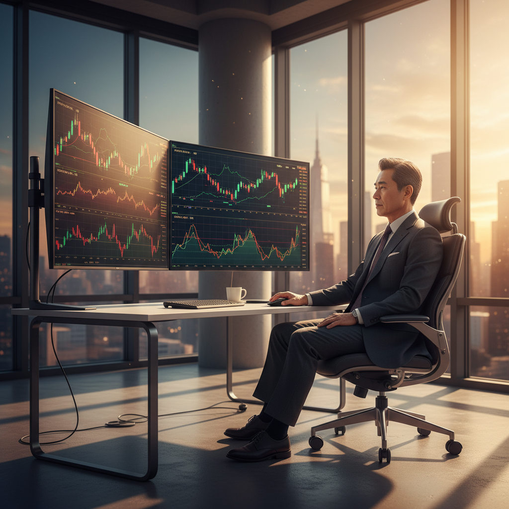 A professional Korean male investor looking at multiple stock market screens with green and red graphs, modern office setting, warm sunlight, cinematic lighting, colored background, no text