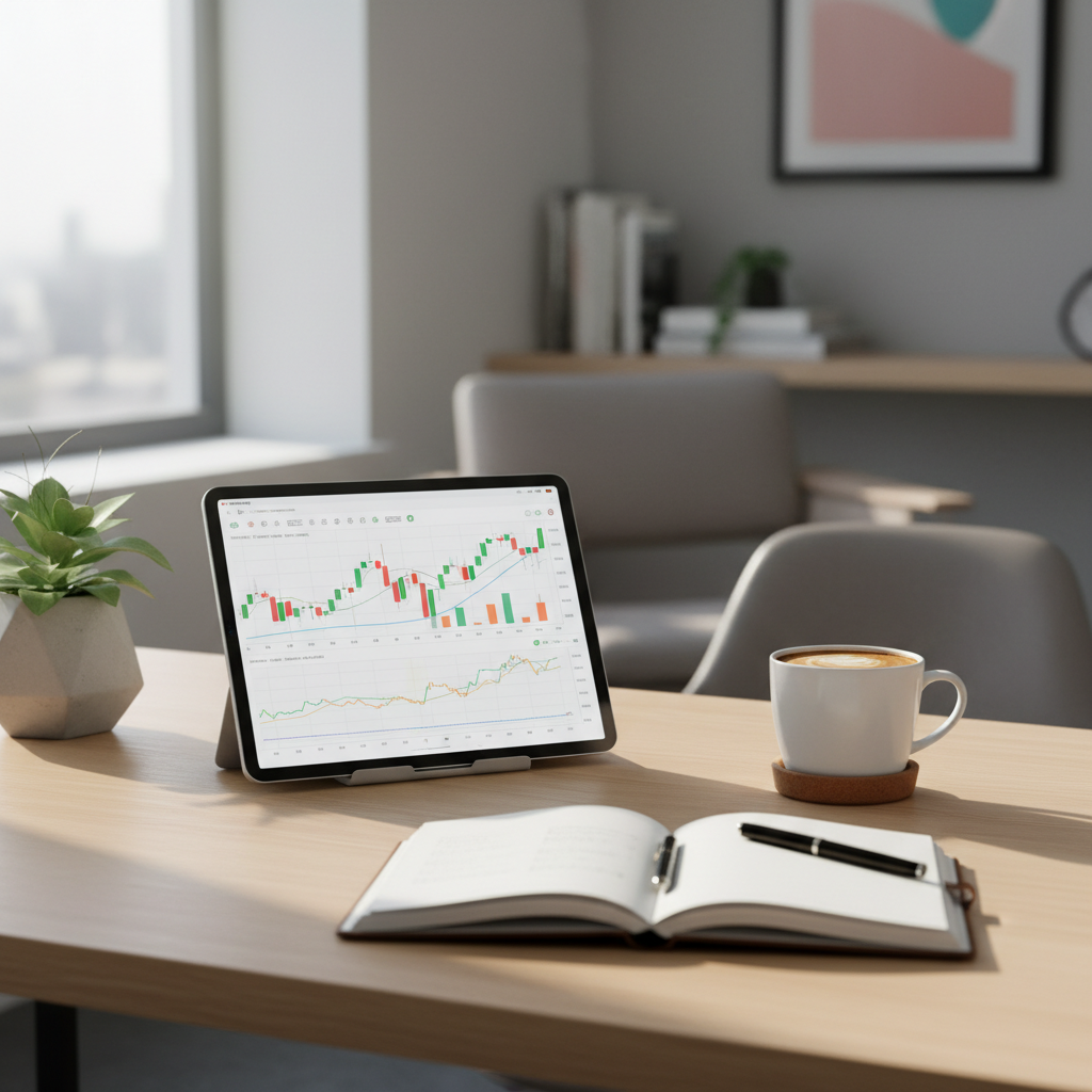 A clean modern desk with a tablet displaying a professional stock analysis chart, coffee cup and notebook nearby, lifestyle photography, natural morning light, no text