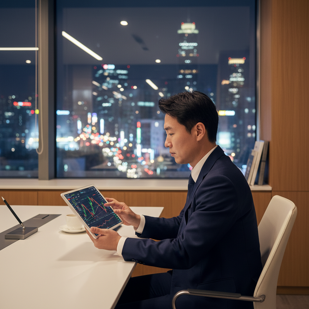 A professional investor looking at a tablet with stock market charts in a modern Korean office setting with warm city light background no text