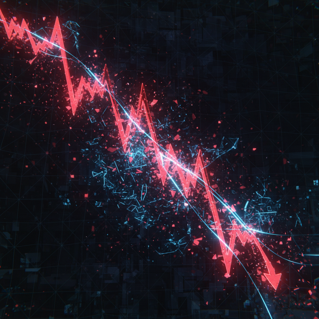 Abstract representation of a stock market decline with red and blue light effects, futuristic financial concept, textured background, high contrast, no text