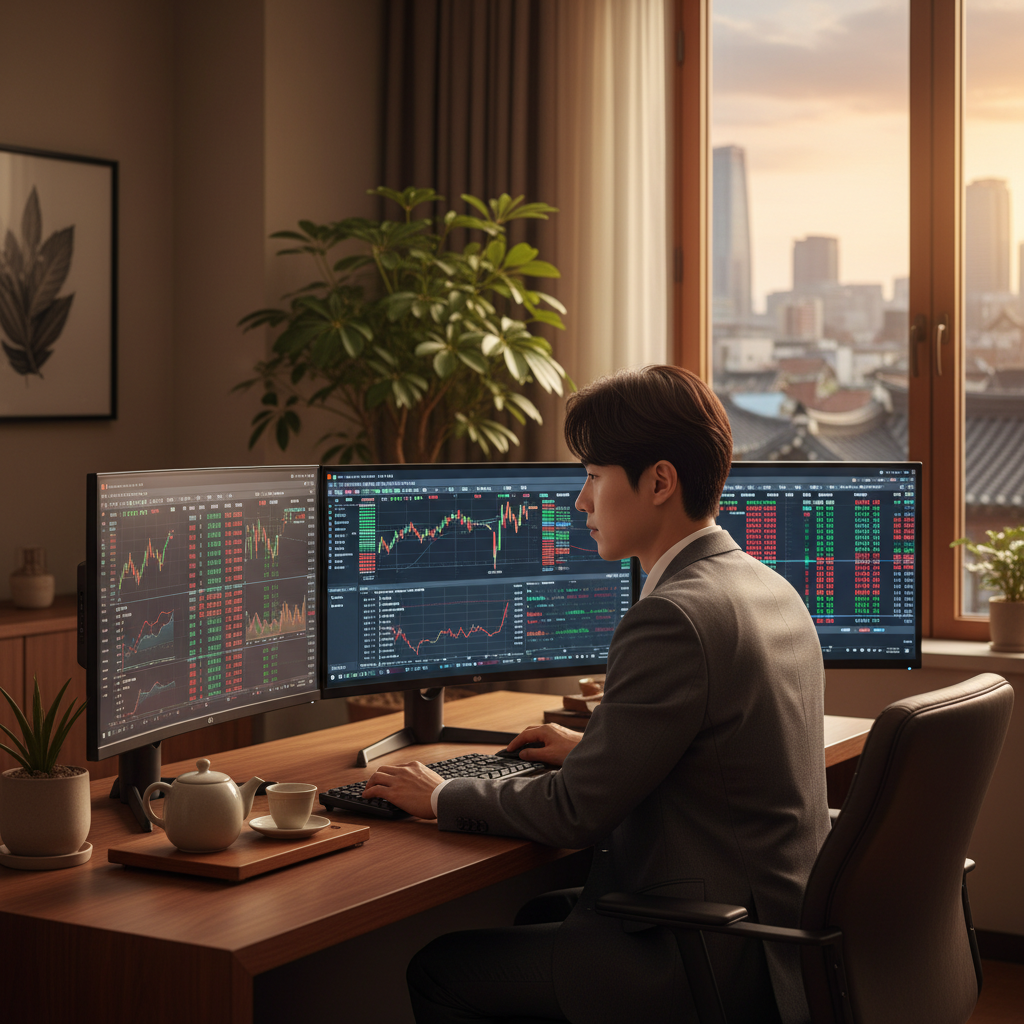 Lifestyle photography of a professional looking at multiple screens with financial data, warm lighting, Korean setting, no text