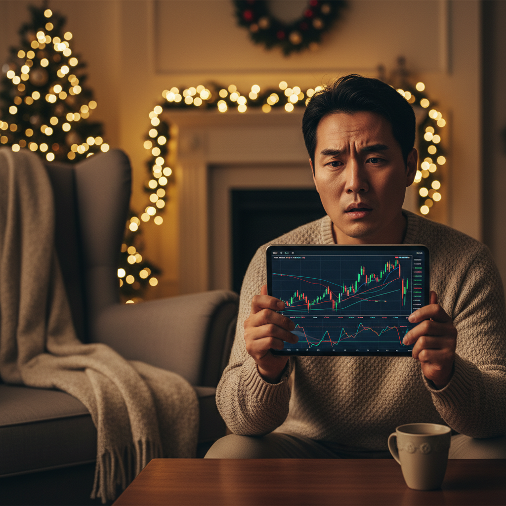 A Korean male investor looking at stock market charts on a tablet with a concerned expression, cozy living room background with soft Christmas lights, warm lighting, lifestyle photography, high contrast, no text