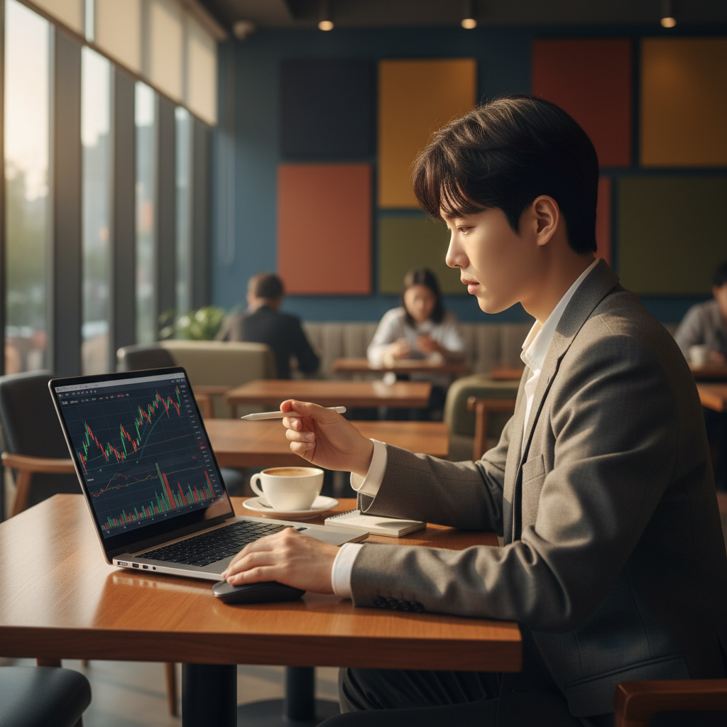 A Korean person sitting in a modern cafe analyzing stock market charts on a laptop, warm afternoon lighting, sophisticated atmosphere, colored background, no text